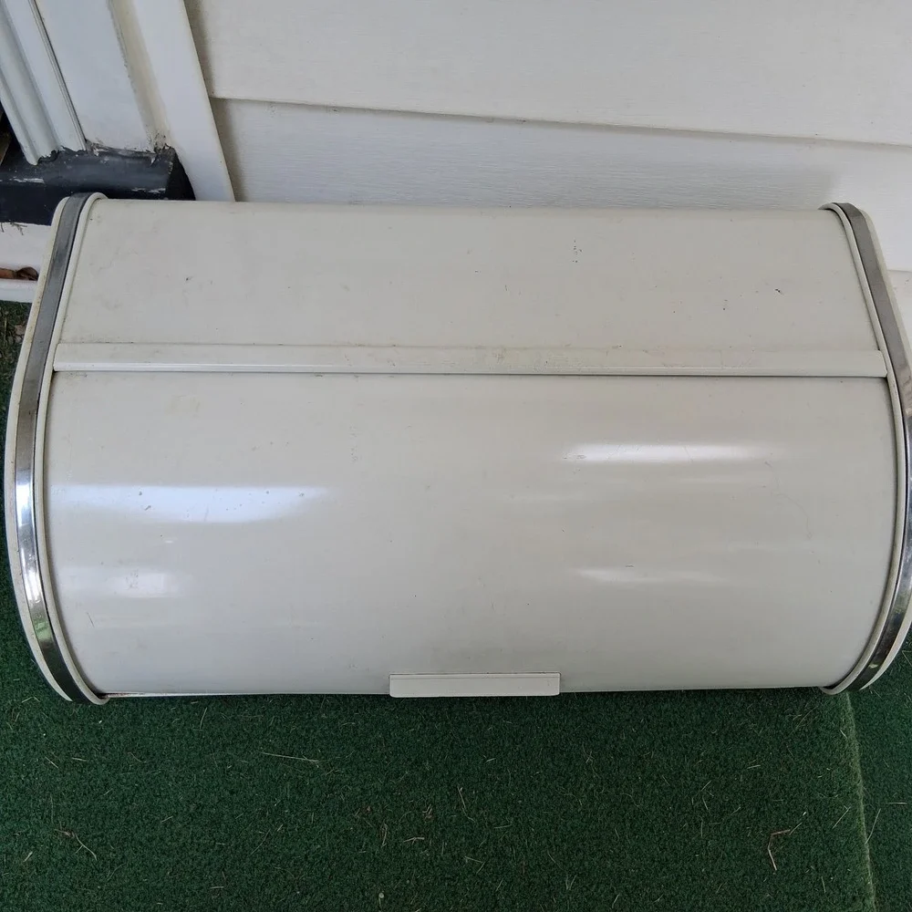 Vintage MCM Metal White Enamel Chrome Rolltop Bread Box Rockabilly Shabby